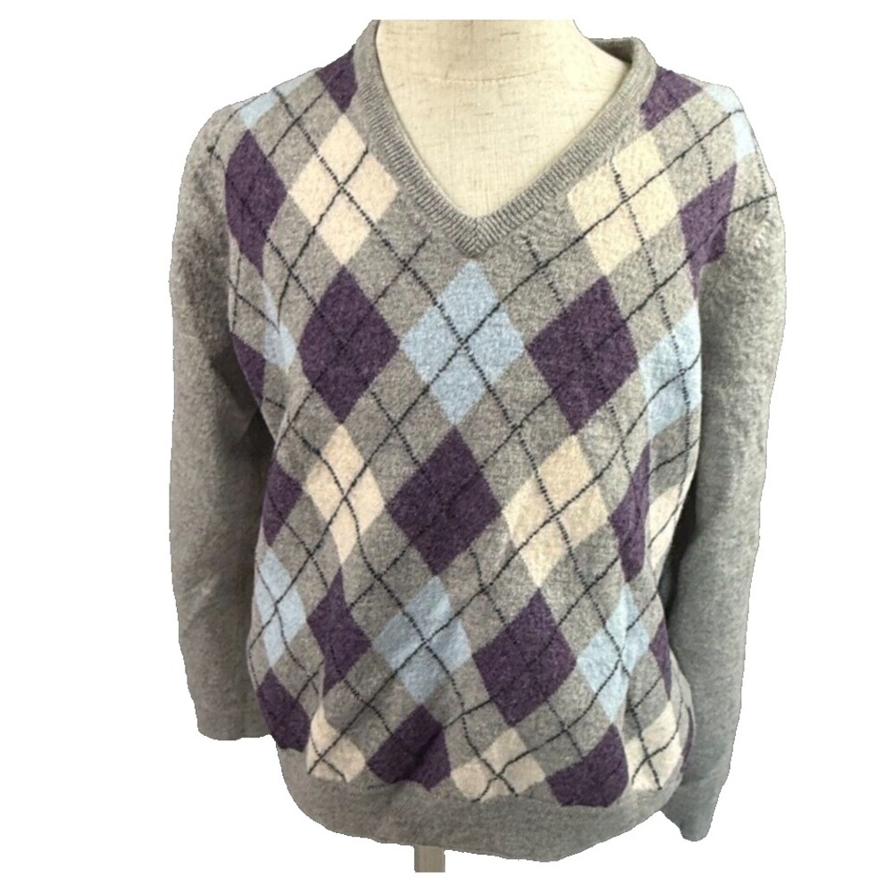 Brooks Brothers 346 Kids Grey Argyle V-Neck 100% Merino Wool Sweater Size L